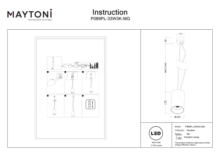 Corp de iluminat suspendat Efir, Aluminiu Auriu mat, 33W, MAYTONI P089PL-33W3K-MG [3]