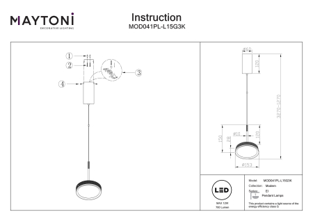 Corp de iluminat suspendat El, Aluminiu Negru, 12W, MAYTONI MOD041PL-L15G3K [6]