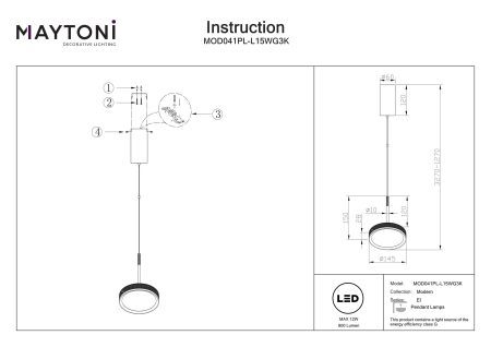 Corp de iluminat suspendat El, Aluminiu Negru, 12W, MAYTONI MOD041PL-L15WG3K [6]