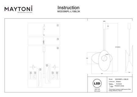 Corp de iluminat suspendat Evolution, Aluminiu Negru, 9W, MAYTONI MOD396PL-L10BL3K [6]