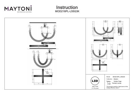 Corp de iluminat suspendat Golden Cage, Metal Auriu, 107W, MAYTONI MOD216PL-L55G3K [2]