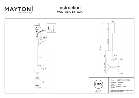 Corp de iluminat suspendat Kyoto, Metal Alb, 11W, MAYTONI MOD178PL-L11W3K [2]
