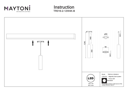 Corp de iluminat suspendat pe șină Focus LED, Aluminiu Negru, 12W, Maytoni TR016-2-12W4K-B [2]