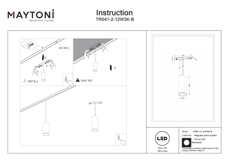 Corp de iluminat suspendat pe șină Focus LED, Aluminiu Negru, 12W, MAYTONI TR041-2-12W3K-B [4]
