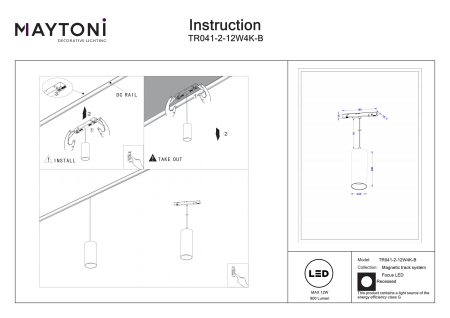 Corp de iluminat suspendat pe șină Focus LED, Aluminiu Negru, 12W, MAYTONI TR041-2-12W4K-B [4]