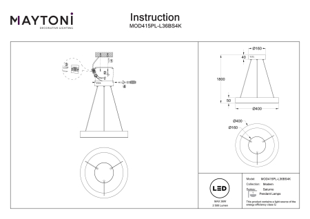 Corp de iluminat suspendat Saturno, Oțel inoxidabil Alamă, 35W, MAYTONI MOD415PL-L36BS4K [6]
