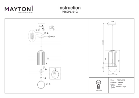 Corp de iluminat suspendat Telford, Metal Auriu, 25W, Maytoni P361PL-01G P362PL-01G [3]