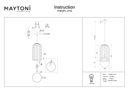 Corp de iluminat suspendat Telford, Metal Auriu, 25W, Maytoni P361PL-01G P363PL-01G [3]