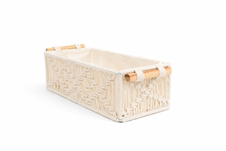 Coș Decorativ Boho, Țesătură Moale și Mânere din Lemn Bej - SHP [1]