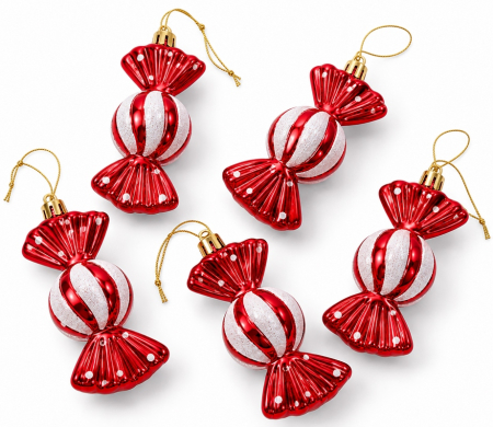 Decoratiuni de craciun - Decorațiuni de brad în formă de bomboane Candy 20x4x11 cm, Roșu, Alb Lucios, Set de 5 - SHP