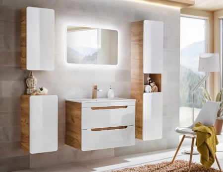 Dulap baie inalt suspendat 170 cm, MDF alb lucios/stejar auriu, Aruba White – COMAD [4]