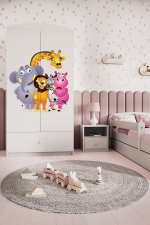 Dulap haine copii cu desen animalute Babydream, MDF diverse culori, sertare si bara de haine [2]