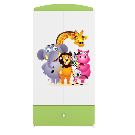 Dulap haine copii cu desen animalute Babydream, MDF diverse culori, sertare si bara de haine [0]