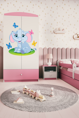 Dulap haine copii cu desen elefant Babydream, MDF diverse culori, sertare si bara de haine [2]