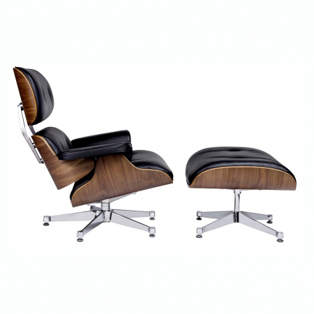 Fotoliu design lux cu taburet Tokyo, piele italiana alba/neagra, lemn nuc, baza metalica crom, T066CF.BLACK.WAL - King [0]