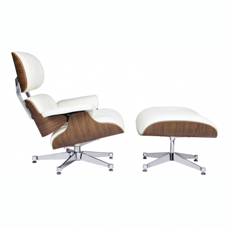 Fotolii - Fotoliu design lux cu taburet Tokyo, piele italiana alba/neagra, lemn nuc, baza metalica crom, T066CF.WHITE.SET - King
