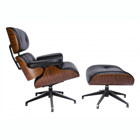 Fotoliu design lux Tokyo cu taburet, piele neagra naturala/lemn nuc sau trandafir, baza neagra otel,KH1501100140- King [11]