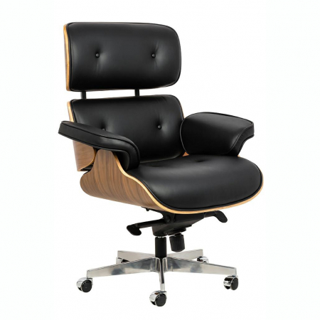Fotolii - Fotoliu rotativ Jepson tapiterie piele naturala italiana neagra, lemn nuc, design lux, T044.OFFICE.BL - King