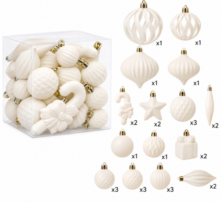 Decoratiuni de craciun - Globuri de Crăciun catifelate diverse forme Satine 28 15,6x15,6x16 cm, Aksamitne Alb, Set de 28 - SHP