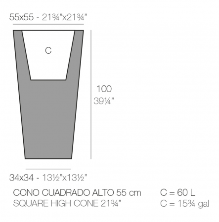 Jardiniera inalta patrata cu iluminare LED High Square Cone 55x55x100 cm, design minimalist, 41255A - Vondom [2]