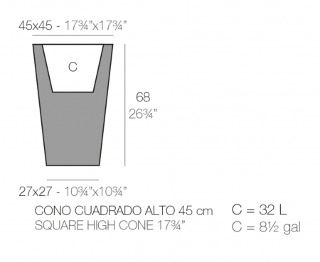 Jardiniera patrata LED High Square Cone 45x45x68 cm, design minimalist, 41245A - Vondom [2]