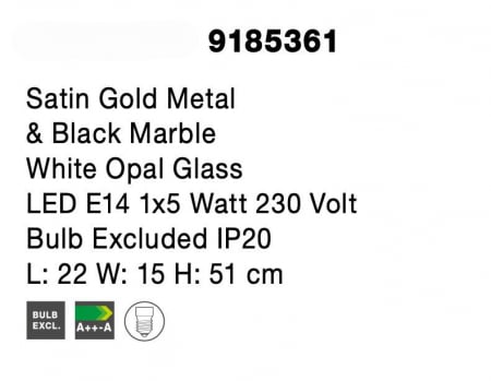 Lampa de masa aurie Luna 51 cm, glob alb sticla, baza marmura neagra, 9185361 - Novaluce [4]