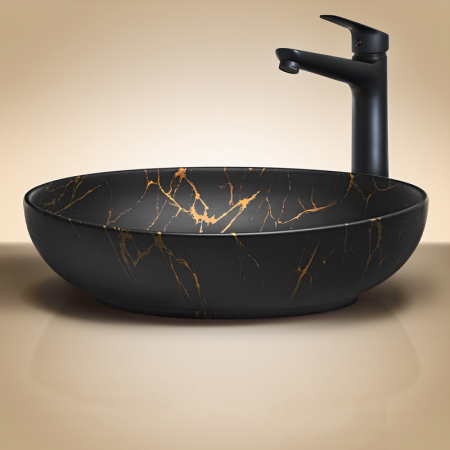 Lavoare - LAVOAR baie 52 CM CERAMIC APLICAT NEGRU MAT MONA, IMITATIE MARMURA CU AURIU COMAD