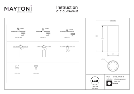 Luminaire Focus LED Negru Aluminiu 13W MAYTONI C151CL-13W3K-B [4]