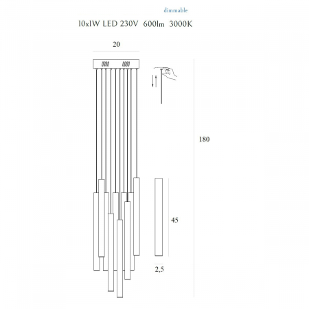 Lustra 10 pendule cilindrice cupru/crom/auriu LED dimabil Tonia Ø 20 cm, metal/acril, inaltime reglabila, P0265D - Maxlight [2]