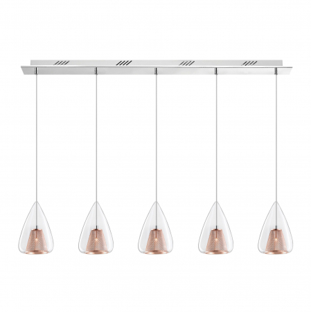 Lustre - Lustra 5 pendule sticla transparenta Kimbra 112 cm, detalii metal impletit auriu rose, design modern, 1600200505 - Novaluce