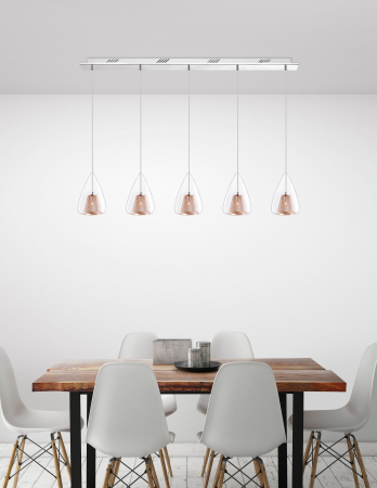 Lustra 5 pendule sticla transparenta Kimbra 112 cm, detalii metal impletit auriu rose, design modern, 1600200505 - Novaluce [1]