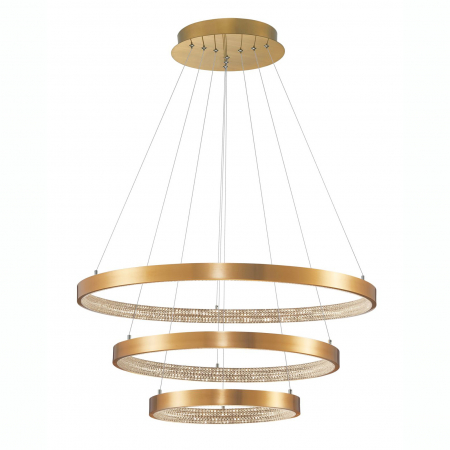Lustre - Lustra aurie Aliz Ø80 cm cu trei pendule rotunde ajustabile si cristale, LED dimabil, design lux, 9862853 - Novaluce
