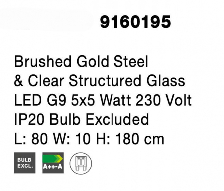 Lustra aurie liniara 5 pendule sticla structurata Kisho 80 cm, design elegant, bec G9, 9160195 - Novaluce [5]