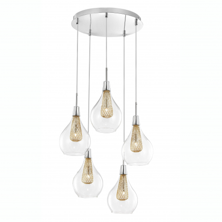 Lustre - Lustra cu 5 pendule diferite sticla transparenta Hari Ø37 cm, detalii impletite metal auriu, 1500202805 - Novaluce