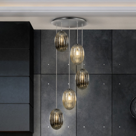 Lustre - Lustra dimabila lux inalta Kati 5 pendule sticla texturata fumurie sampanie, inaltime reglabila, 752268 - Schuller