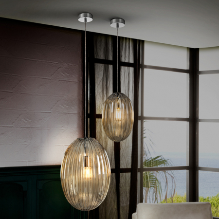 Lustre - Lustra dimabila lux tip pendul Kati, sticla texturata fumurie/sampanie, Ø 30 cm, inaltime reglabila, 752091 - Schuller