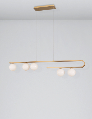 Lustra eleganta liniara aurie Ganiza 110 cm, 5 globuri albe sticla opal, inaltime reglabila, 9960616 - Novaluce [2]