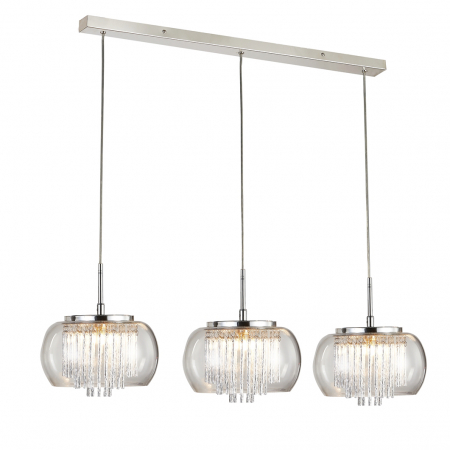 Lustre - Lustra extravaganta liniara cu 3 pendule Kass Line 120 cm, abajur sticla transparenta, detalii bare aluminiu spirala, AZ 2453 - Azzardo