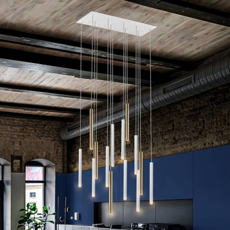 Lustre - Lustra inalta LED dimabila diverse culori Kimber, 14 pendule metal, inaltime reglabila, telecomanda, 373437GD - Schuller