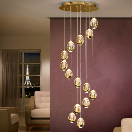 Lustra inalta LED dimabila Bluetooth rotunda lux crom/aurie Rikki, 14 abajururi din sticla cu bule decorative, inaltime reglabila, 785635B - Schuller [3]