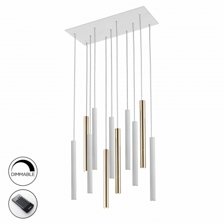 Lustre - Lustra LED dimabila dreptunghiulara diverse culori Kimber, 11 pendule cilindrice metal, inaltime reglabila, cu telecomanda, 373342D - Schuller