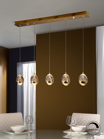 Lustra LED dimabila liniara lux crom/aurie Rikki, 5 abajururi din sticla cu bule decorative, inaltime reglabila, 783618 - Schuller [5]