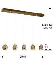 Lustra LED dimabila liniara lux crom/aurie Rikki, 5 abajururi din sticla cu bule decorative, inaltime reglabila, 783618 - Schuller [4]