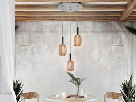 Lustra LED dimabila rotunda aurie Rikke, 3 pendule plasa metal, cilindru interior acrilic, inaltime reglabila, 413626 - Schuller [3]