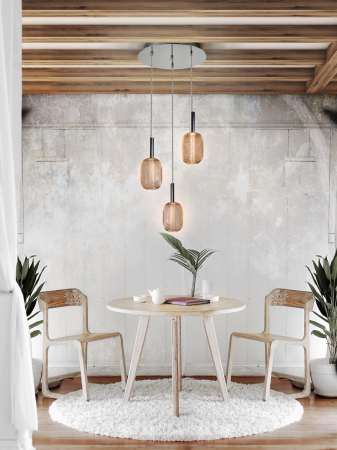 Lustra LED dimabila rotunda aurie Rikke, 3 pendule plasa metal, cilindru interior acrilic, inaltime reglabila, 413626 - Schuller [2]