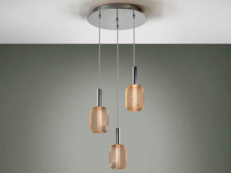 Lustra LED dimabila rotunda aurie Rikke, 3 pendule plasa metal, cilindru interior acrilic, inaltime reglabila, 413626 - Schuller [5]