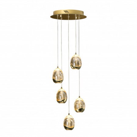 Lustre - Lustra LED dimabila rotunda lux crom/aurie Rikki, 5 abajururi din sticla cu bule decorative, inaltime reglabila, 783529 - Schuller