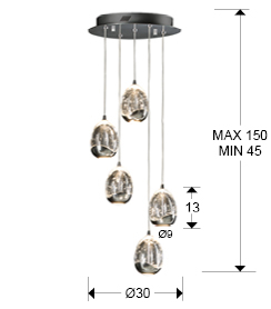 Lustra LED dimabila rotunda lux crom/aurie Rikki, 5 abajururi din sticla cu bule decorative, inaltime reglabila, 783529 - Schuller [4]
