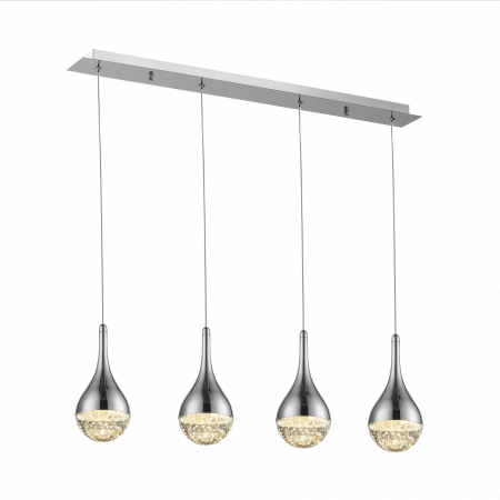 Lustre - Lustra LED liniara crom Jengo 4 pendule aspect picatura metal-sticla cu bule decorative, inaltime ajustabila, 773421 - Schuller