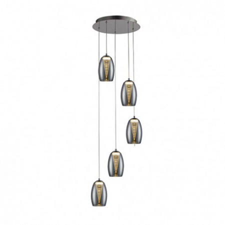 Lustre - Lustra LED lux crom rotunda Loupi, 5 abajururi din sticla si policarbonat, inaltime reglabila, 584438 - Schuller
